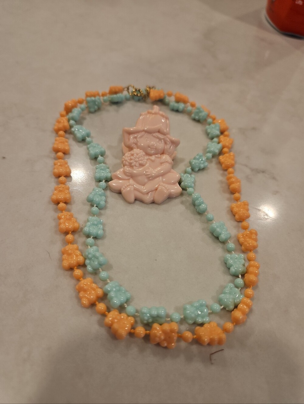 Vintage 1980s  Bear Beaded Choker  Child’s Necklace Set Peach Aqua/ Avon  Clip